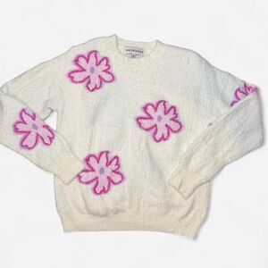 White and Pink Floral Fuzzy Sweater WOMENS SIZE SMALL